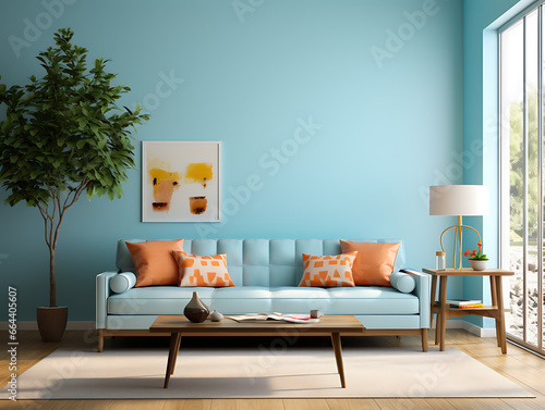 Modern Living Room with Laminate Flooring and Sky Blue Walls