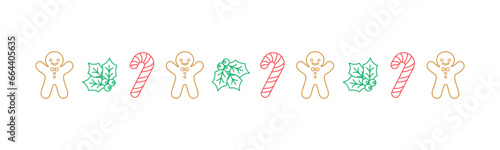 Christmas themed decorative border and text divider, Gingerbread Cookies and Candy Cane Pattern Outline Doodle. Vector Illustration.