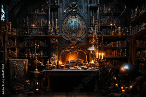 A sorcerer's mystical library filled with ancient spellbooks and magical artifacts, emphasizing the love and creation of arcane knowledge, love and creation