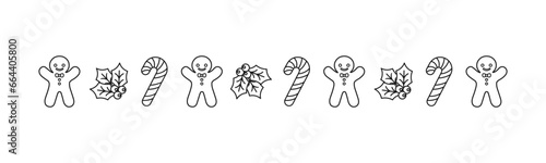 Christmas themed decorative border and text divider, Gingerbread Cookies and Candy Cane Pattern Outline Doodle. Vector Illustration.