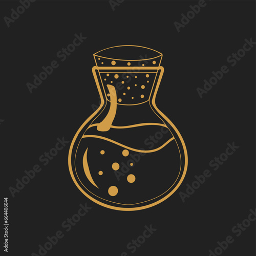 Magic potion logo template, alchemy. Vector emblem of essential oils, aromatherapy. Trendy boho design with elixir bottle, gold outline on black background.