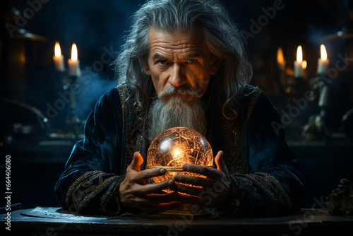 Photographie A magician holding a crystal ball, peering into the future with mystic visions,