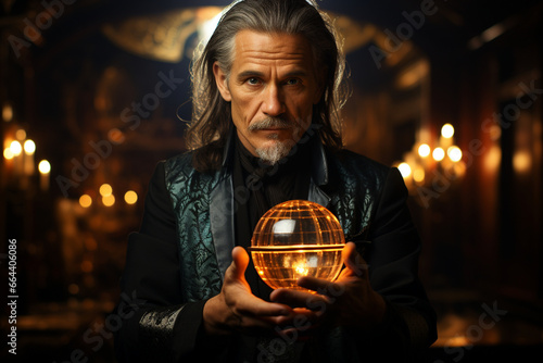 A magician holding a crystal ball, peering into the future with mystic visions, illustrating the love and creation of fortune-telling arts, love and creation