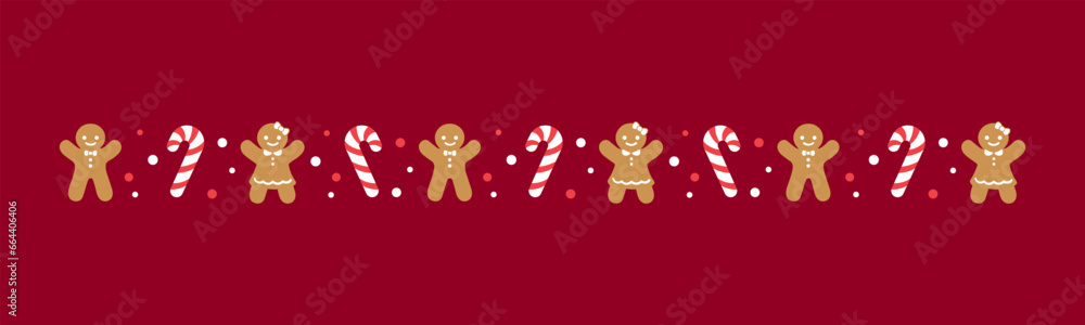 Christmas themed decorative border and text divider, Gingerbread Cookies and Candy Cane Pattern. Vector Illustration. Christmas themed decorative border and text divider, Gingerbread Cookies and Candy Cane Pattern. Vector Illustration.
