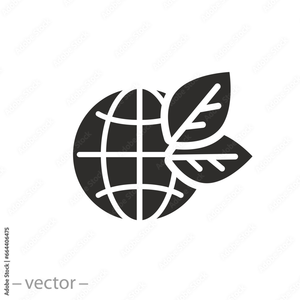 globe with leafs icon, world ecology, green earth planet concept, logo eco environment, nature global protect, flat vector illustration globe with leafs icon, world ecology, green earth planet concept, logo eco environment, nature global protect, flat vector illustration