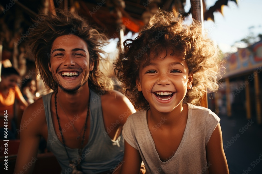 Φωτογραφία Young boy and his father or older brother against the backdrop of a city fair and amusement park