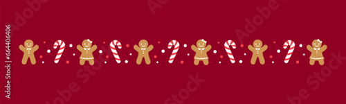 Christmas themed decorative border and text divider, Gingerbread Cookies and Candy Cane Pattern. Vector Illustration.