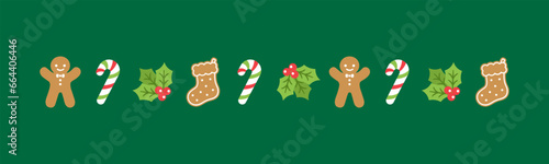 Christmas themed decorative border and text divider, Gingerbread Cookies and Candy Cane Pattern. Vector Illustration.