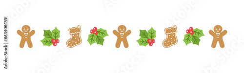Christmas themed decorative border and text divider, Gingerbread Cookies and Mistletoe Pattern. Vector Illustration.