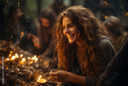A group of sorcerers and sorceresses gathering around a bonfire for a solstice celebration, capturing the love and creation of seasonal magic, love and creation