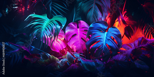 Neon leaves wallpapers that are high definition    Neon Background Tropical   Neon jungle leaves background Generate Ai  