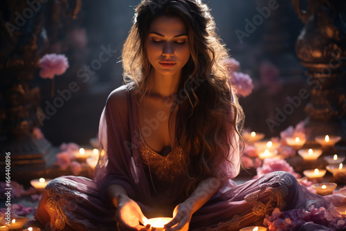 A sorceress with a radiant aura conducting a healing ceremony, expressing the love and creation of well-being and spiritual balance, love and creation