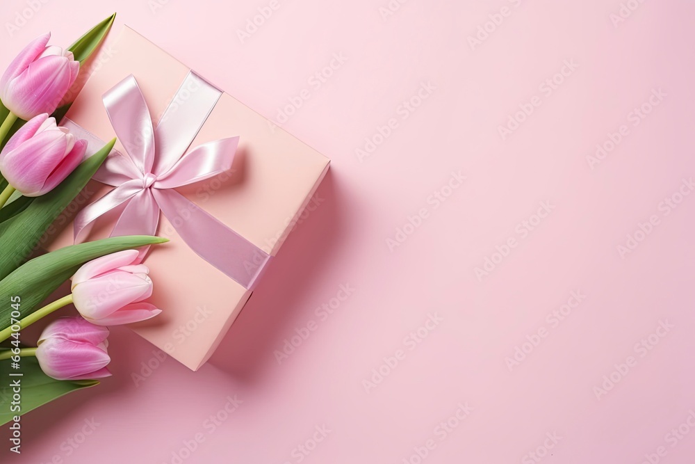 Mother's Day concept. Pink gift box with ribbon bow and a bouquet of tulips.