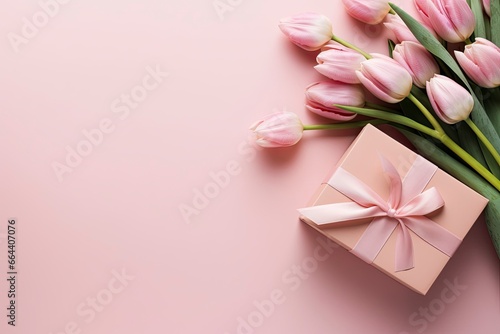 Mother's Day concept. Pink gift box with ribbon bow and a bouquet of tulips. © Dibos