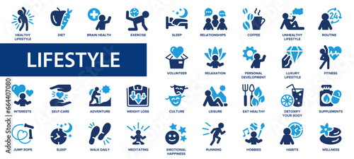 Lifestyle flat icons set. Healthy lifestyle symbols. Happiness, diet, exercise, sport, game, fitness, music, sleep, relationships, running icons and more signs. Flat icon collection.