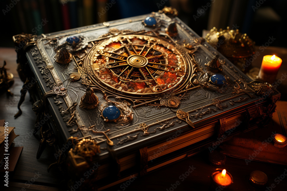 An ancient grimoire open to a page of intricate sigils and symbols