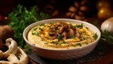 Typical Mediterranean hummus with onions and mushrooms. Paprika, olive oil, onions, mushrooms, and seasonings in traditional hummus.