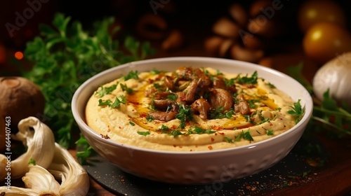Typical Mediterranean hummus with onions and mushrooms. Paprika, olive oil, onions, mushrooms, and seasonings in traditional hummus.