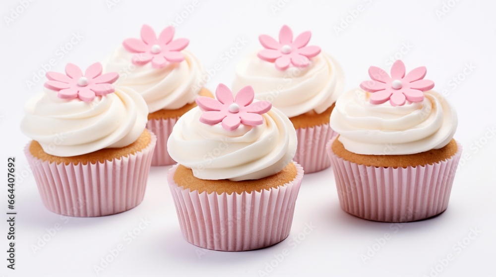 Vanilla cupcakes with pink flower embellishments and buttercream icing on a white backdrop.