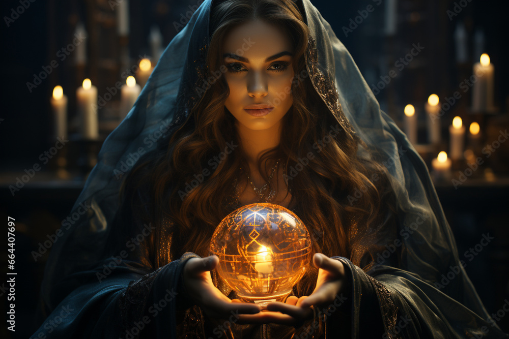 A sorceress using a crystal ball to scry visions of past lives and karmic connections, symbolizing the love and creation of spiritual insights, love and creation - obrazy, fototapety, plakaty 