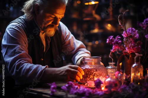 A potion master crafting a love potion with rare and fragrant ingredients, expressing the love and creation of romantic enchantments, love and creation photo