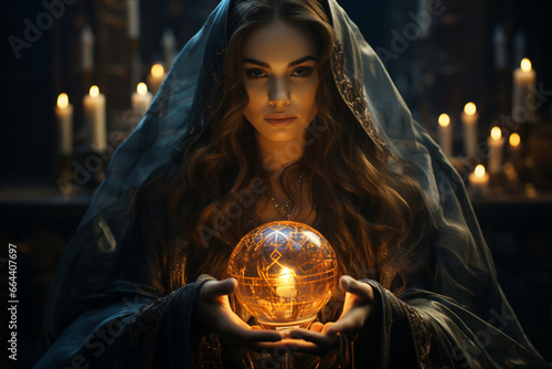 A sorceress using a crystal ball to scry visions of past lives and karmic connections, symbolizing the love and creation of spiritual insights, love and creation photo