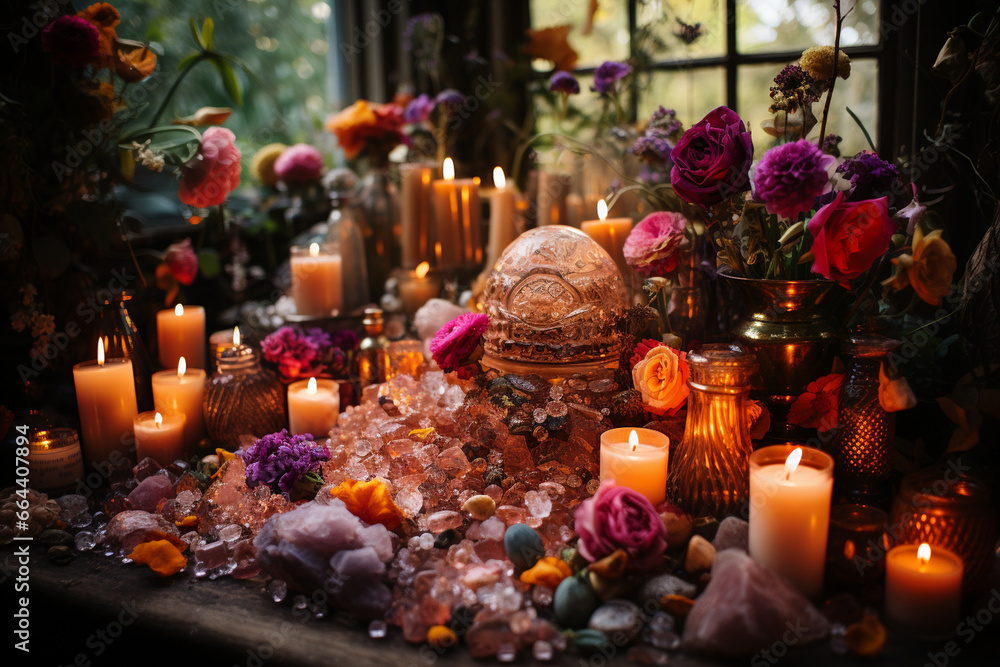 An ornate altar adorned with candles, crystals, and ancient relics, emphasizing the love and creation of sacred spaces, love and creation