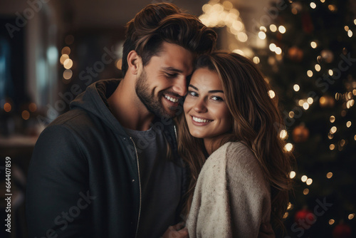 Happy beautiful couple celebrating Christmas at home