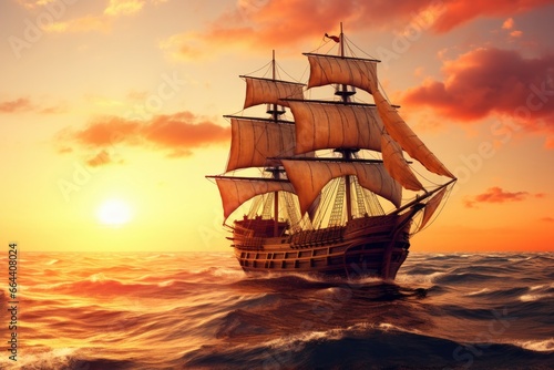 Pirate ship sailing on the ocean at sunset. Vintage cruise. © Dibos