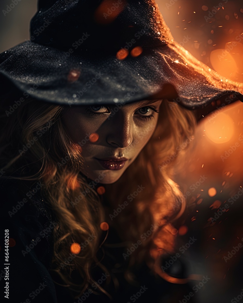 Spooky scary cute halloween witch with a hat and a out of focus blurry bokeh orange background. Spooky scary cute halloween witch with a hat and a out of focus blurry bokeh orange background.