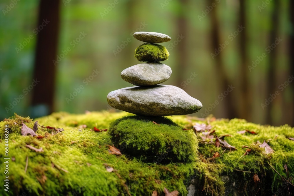 Pyramid stones balance on old mossy fallen tree. Pyramid stones balance on old mossy fallen tree.