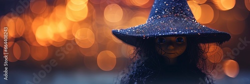 Spooky scary cute halloween witch with a hat and a out of focus blurry bokeh orange background.