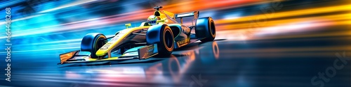 Racing car at high speed. Racer on a racing car passes the track. Motor sports competitive team racing. Motion blur background.