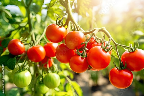 Fresh bunch of red natural tomatoes on a branch in vegetable garden.