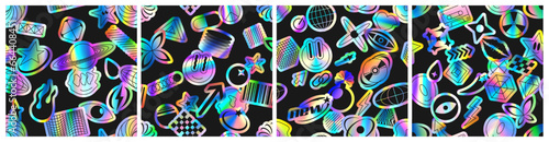 Set of seamless patterns with holographic stickers. Vibrant trendy holographic stickers with rainbow gradient effect. Y2K style vector illustration with iridescent foil adhesive film with symbols.