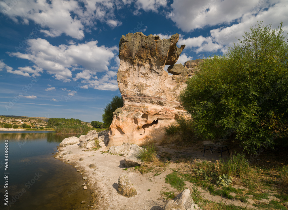 Phrygian valley. Forty Stairs Rock and Phrygian rock chambers by Lake Emre. Travel destinations in Turkey. Ihsaniye district, Afyonkarahisar