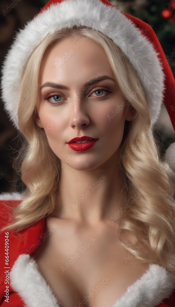 Smiling beautiful Caucasian American woman in Santa clothes on a Christmas background illustration. New Year's celebration with copy space. Smiling beautiful Caucasian American woman in Santa clothes on a Christmas background illustration. New Year's celebration with copy space.