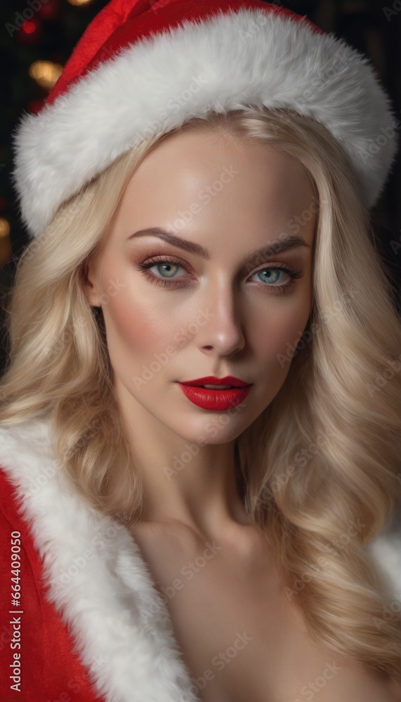 Smiling beautiful Caucasian American woman in Santa clothes on a Christmas background illustration. New Year's celebration with copy space. Smiling beautiful Caucasian American woman in Santa clothes on a Christmas background illustration. New Year's celebration with copy space.
