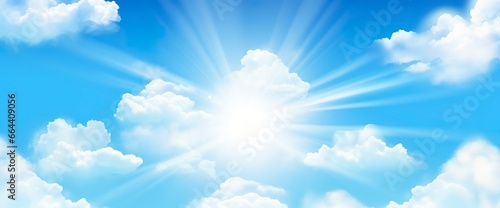 Sunny background, blue sky with white clouds and sun. © Dibos