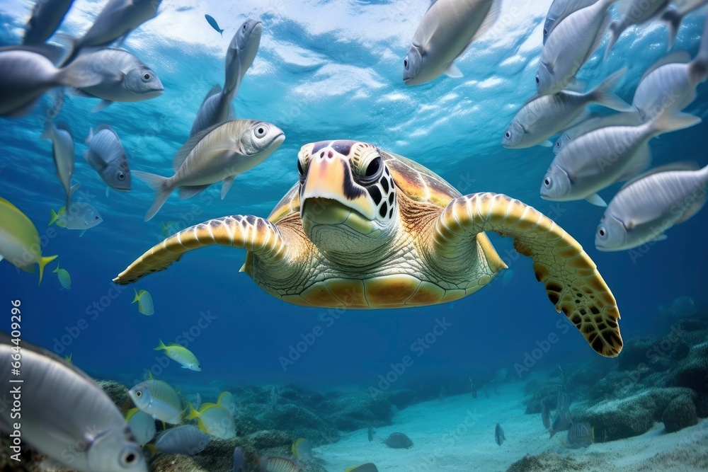 Turtle closeup with school of fish. Turtle closeup with school of fish.