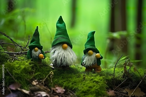 Toy Irish gnomes in a mystery forest, abstract green natural background. © Dibos