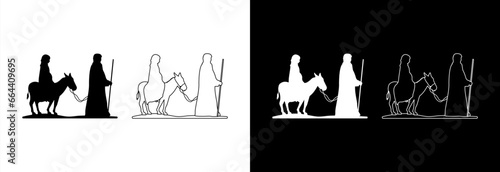 Silhouette Joseph and pregnant Mary travel to Bethlehem on a donkey.
