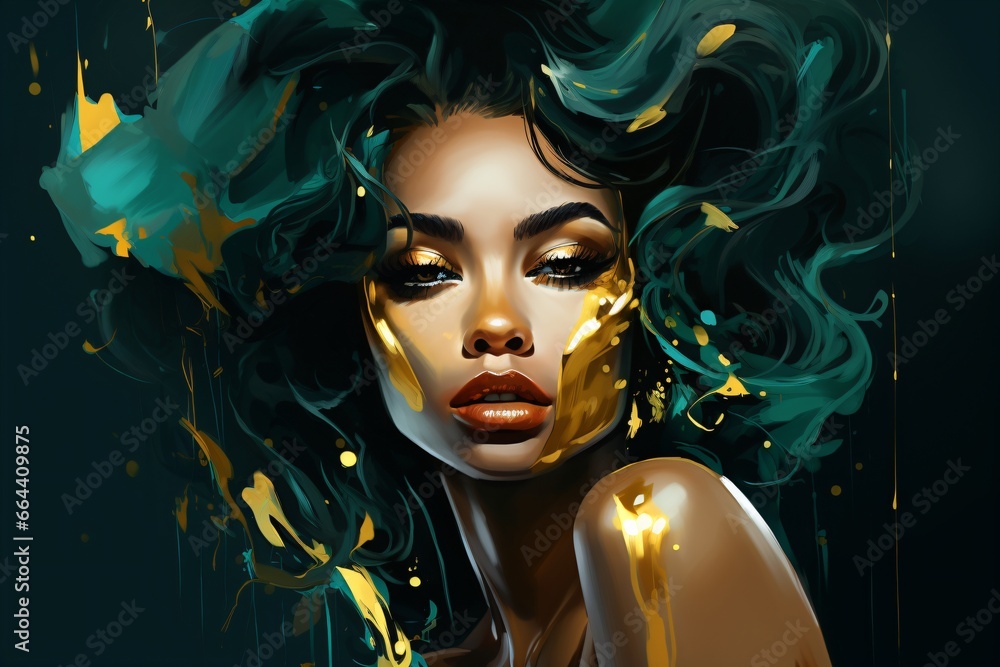 A beautiful painting of a pretty girl in black, green, and golden watercolor A beautiful painting of a pretty girl in black, green, and golden watercolor