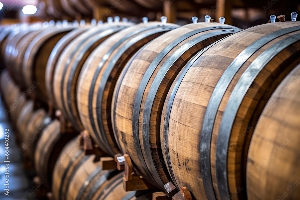 Wooden oak Port barrels in neat rows. Wooden oak Port barrels in neat rows.