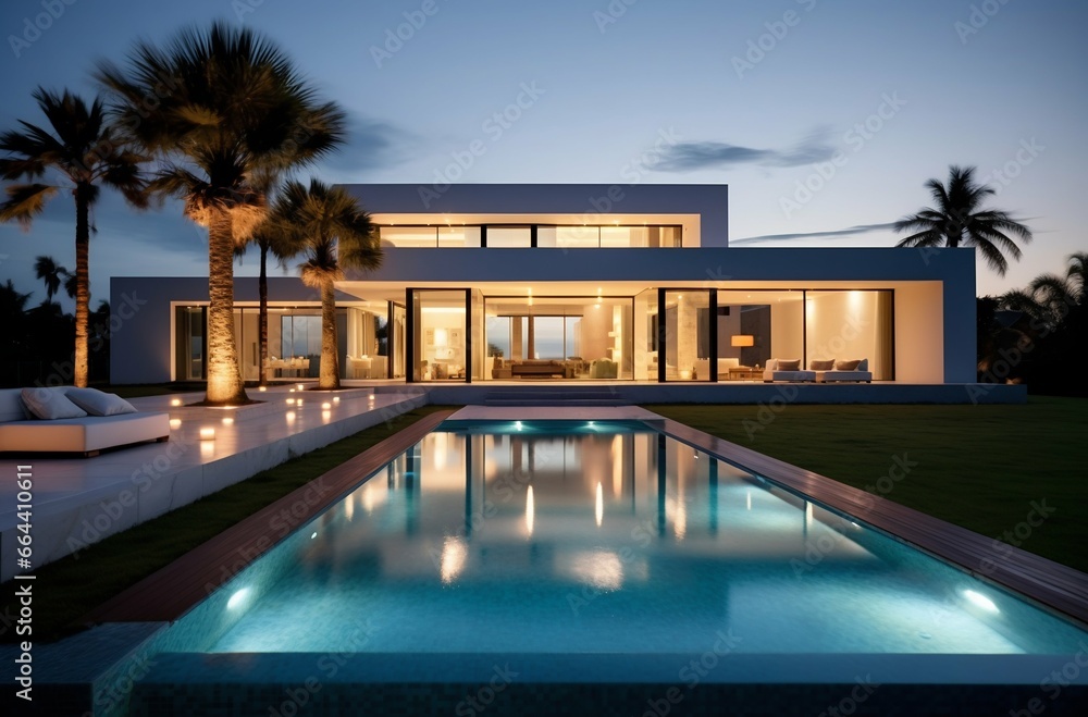 Nighttime Elegance: Modern Cubic Villa with Pool Amidst Palm Trees. Generative ai