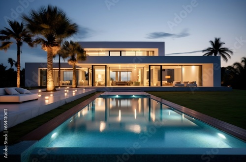 Nighttime Elegance: Modern Cubic Villa with Pool Amidst Palm Trees. Generative ai © Scrudje