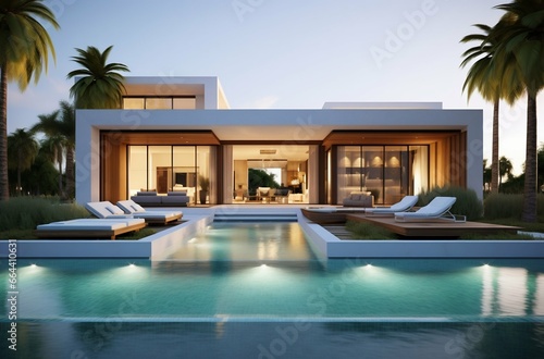 Nighttime Elegance: Modern Cubic Villa with Pool Amidst Palm Trees. Generative ai © Scrudje