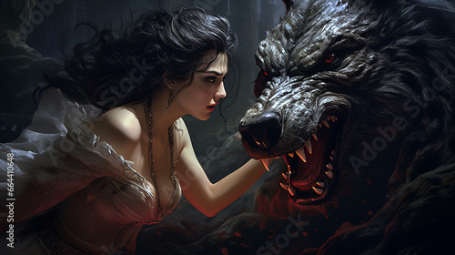 Woman princess fairy and a werewolf in a dark forest, love photo