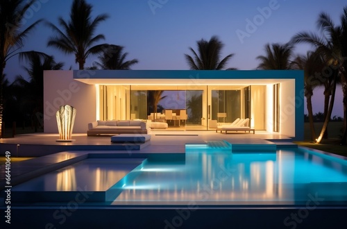 Nighttime Elegance: Modern Cubic Villa with Pool Amidst Palm Trees. Generative ai