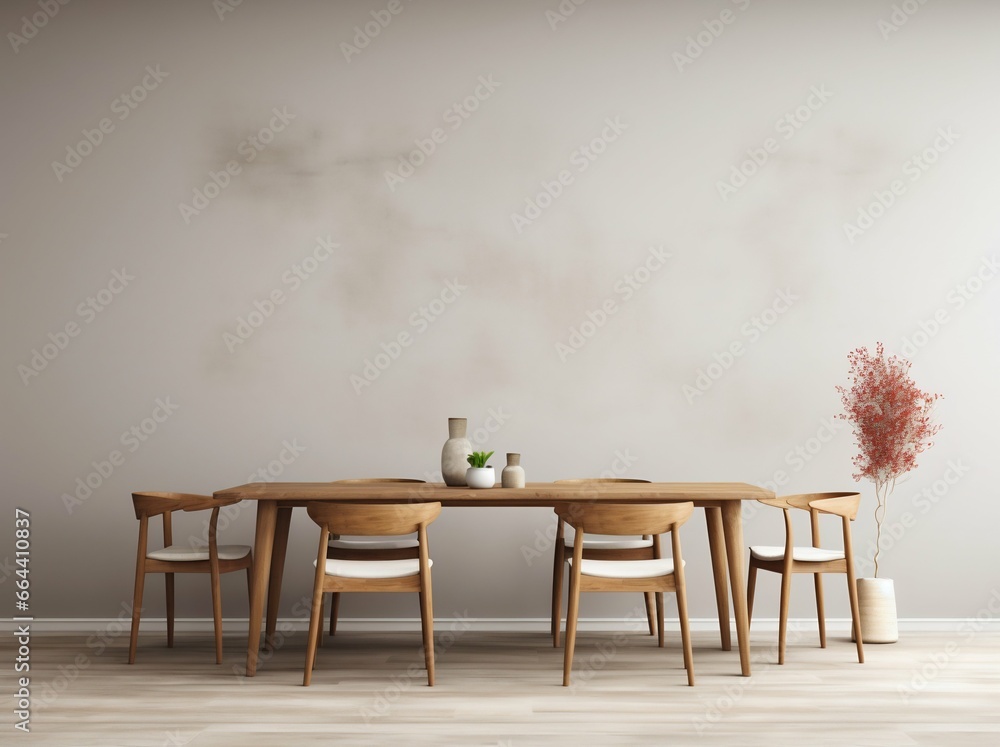 Fototapeta premium Minimalist Dining Space: Wooden Table, Chairs, and Soft Daylight Ambiance. Generative ai